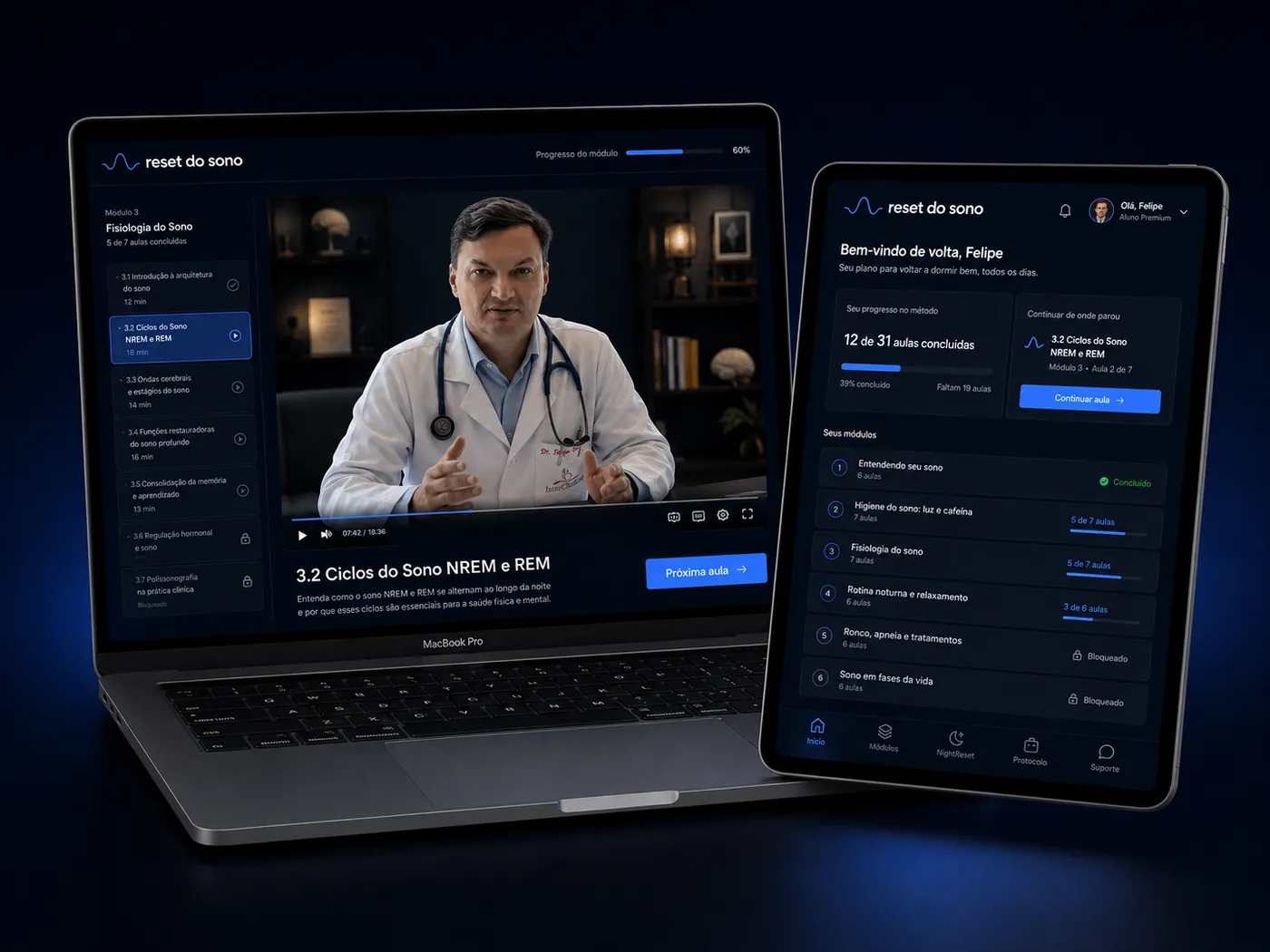 Plataforma do Protocolo Reset do Sono — MacBook e iPad