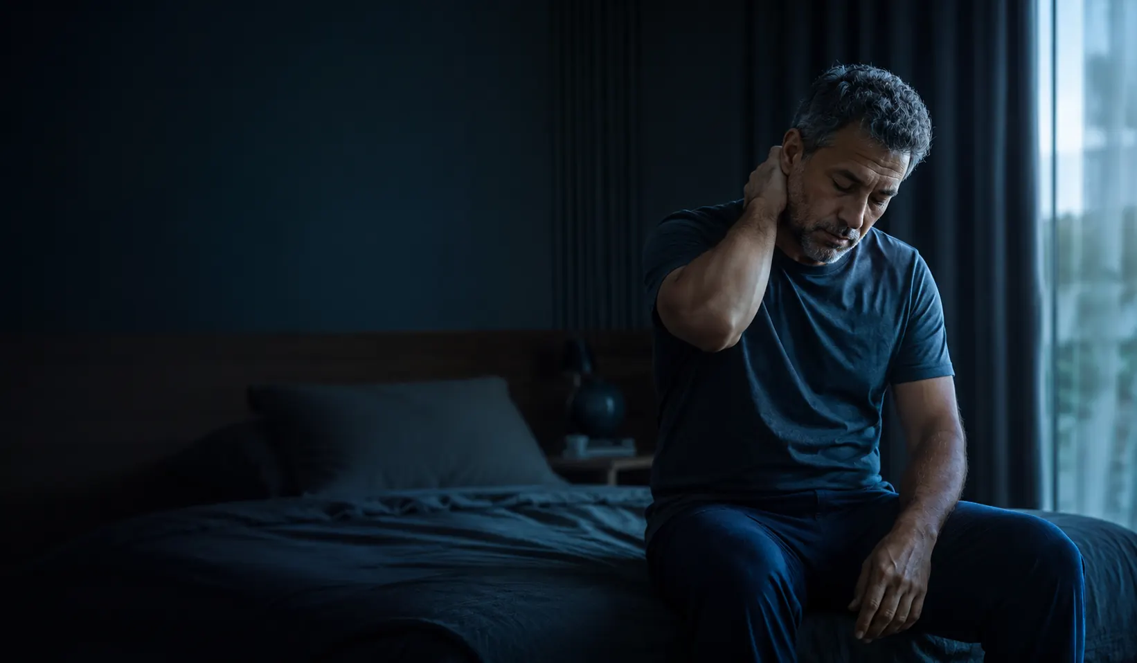 Homem de meia-idade acordado de madrugada, cansado por não conseguir dormir