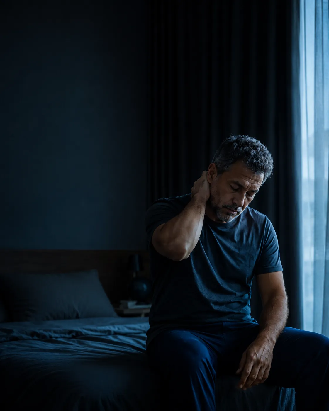 Homem de meia-idade acordado de madrugada, cansado por não conseguir dormir